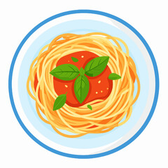 Top Down View of Spaghetti with Tomato Sauce and Basil on White Plate with Blue Rim
