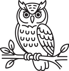 Fototapeta premium Stylized owl perched on a branch with leaves bird nature
