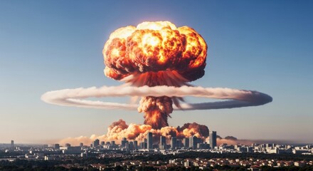 Massive nuclear explosion destroying a city under a clear blue sky