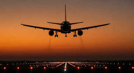 Commercial Passenger Airplane Landing at Sunset on Runway