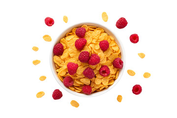 Cornflakes cereal with raspberries in bowl on transparent background