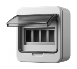 Compact built-in electrical panel for apartment use, with a transparent hinged cover and multiple circuit breaker slots.