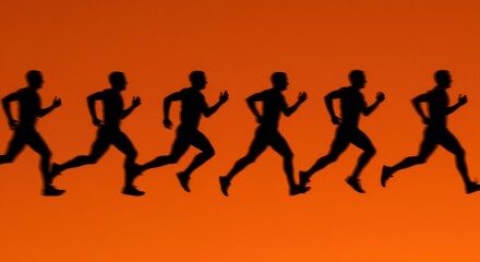 Silhouetted runners in motion against a vibrant orange backdrop, capturing speed and energy