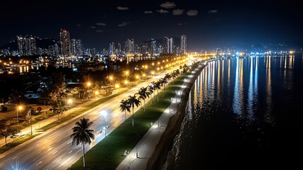 Fototapeta premium Night City Coastal Road with Palm Trees and City Skyline Reflection