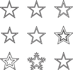 Obraz premium A comprehensive set of nine unique outline star icons, featuring various styles and intricate details, ideal for ratings, achievements, and decorative design elements