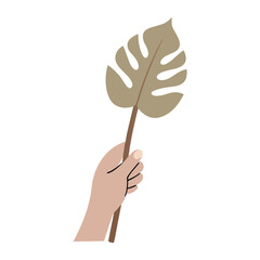 Elegant vector illustration of a hand gently holding a monstera plant stem with a sophisticated soft earthy color palette