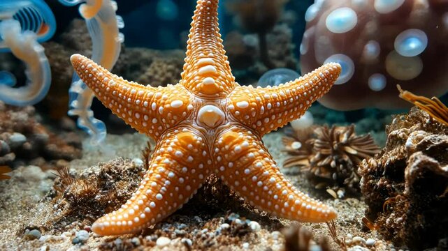 Close-up of orange starfish in an aquarium, with jellyfish in the background