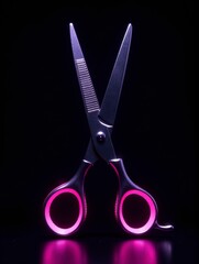 A pair of scissors with glowing pink handles is illuminated in a dark setting.