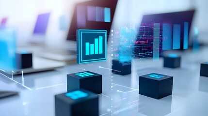 Advanced Data Visualization Concept with 3D Cubes and Graphs on a Bright Digital Workspace Background