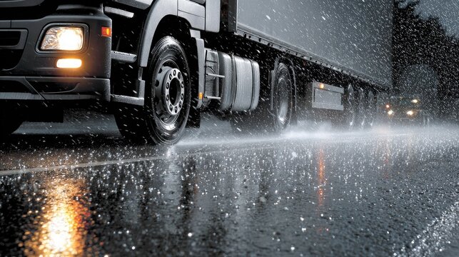 Cargo truck in rain with water droplets on side mirror and reflective puddles on asphalt