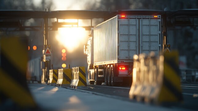 Cargo truck waiting at border checkpoint with barriers and warning signs