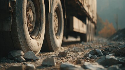 Close-up of cargo truck wheels and mudflaps on dirt road with scattered gravel