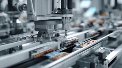 Fototapeta premium Conveyor system moving electronic connectors through assembly stages in factory