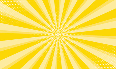 Radiant yellow background. Pop art comic book background. Sunburst yellow background with radial lines and halftone dots. 