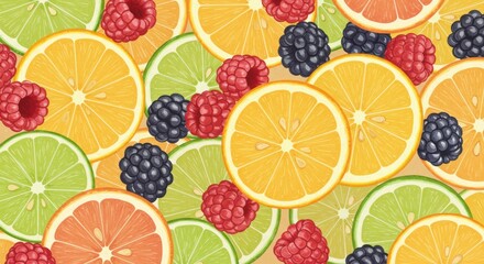 Vibrant citrus and berry slices background illustration