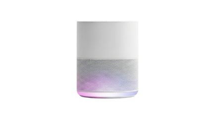 Sleek white cylindrical speaker with vibrant, multicolored base lighting.