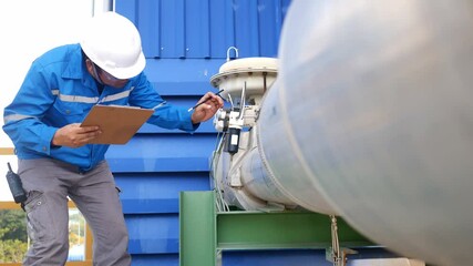 An engineer inspects a control valve installed on a chemical liquid transport pipe in an industrial plant, ensuring operational safety, precision, and efficiency in process control systems. - Powered by Adobe