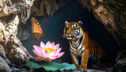 Regal Tiger Sitting in Mystical Cave with Beautiful Pink Lotus Flower and Flying Butterfly Bathed in Dramatic Light