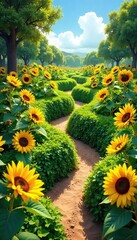 Sunflowers Maze A Whimsical Summer Adventure.  Bright yellow blooms and lush greenery create a playful, winding path perfect for a cheerful family outing or botanical garden exploration.