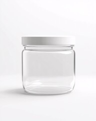 Minimalist Round Transparent Glass Jar with White Lid on White Background