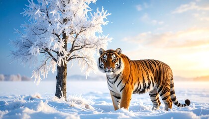 Majestic Orange Tiger Standing in Fresh White Snow with Frosty Tree at Golden Hour