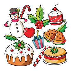 Seamless Christmas pattern featuring a delightful set of cartoon dessert illustrations, including cakes, cupcakes, and muffins with sweet cream and fruit