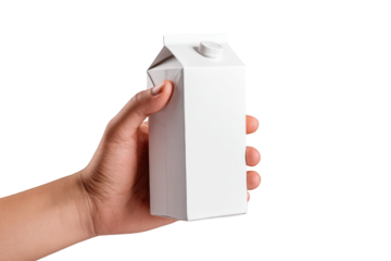 A hand holds a blank white milk carton with cap isolated on transparent background