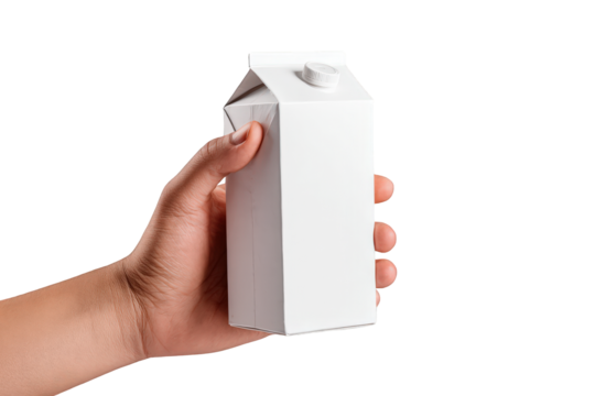 A hand holds a blank white milk carton with cap isolated on transparent background
