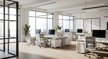 Modern Bright Office Workspace with White Desks and Computers in Open Plan Design