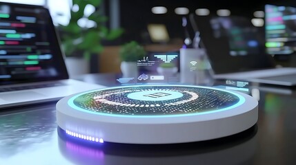 Futuristic Smart Device on Office Table with Data Visualization and User Interface Elements in Modern Workspace