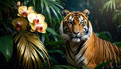 Majestic Orange Striped Tiger Gazing in Lush Tropical Jungle with Golden Leaf and Yellow Orchids