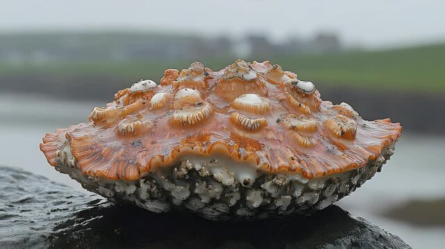 Stunning Close-Up:  A Wet, Orange Limpet Shell on a Dark Rock by the Sea