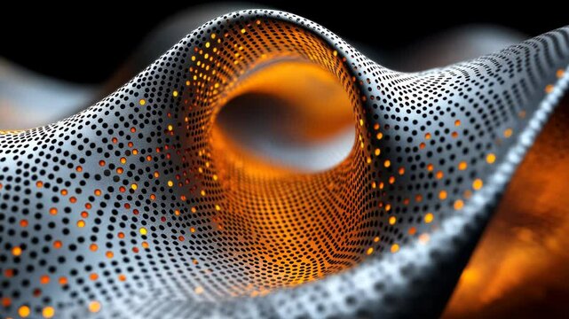 Abstract wavy metal surface with perforated pattern and glowing orange accents