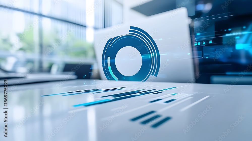 Poster abstract digital graphic with blue lines and circular element on a modern workspace environment back