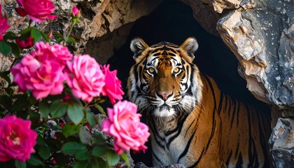 Majestic Tiger Emerging From Dark Cave with Vibrant Pink Roses