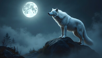 Surreal White Wolf Howling in Foggy Forest with Moonlight