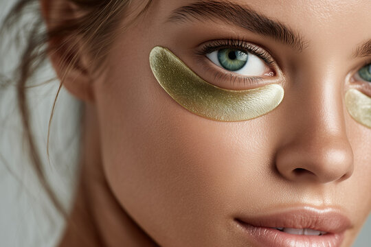 A luxurious close-up of a woman's face, highlighting her beautiful green eyes adorned with shimmering gold under-eye patches for a pampering skincare treatment.