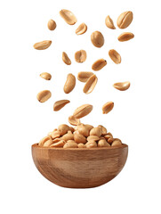Peeled peanuts  falling into a wooden_bowl_on transparent background

