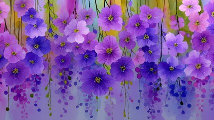 Vibrant watercolor floral arrangement with cascading purple flowers, yellow centers, pink accents, green buds, and pastel background blending yellow, green, blue hues.