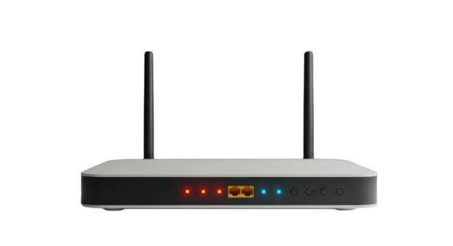 Modern wireless router with dual antennas, displaying status lights, isolated on white background.