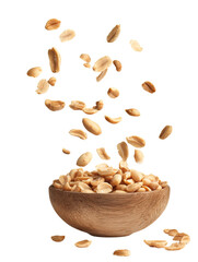 Peeled peanuts  falling into a wooden_bowl_on transparent background

