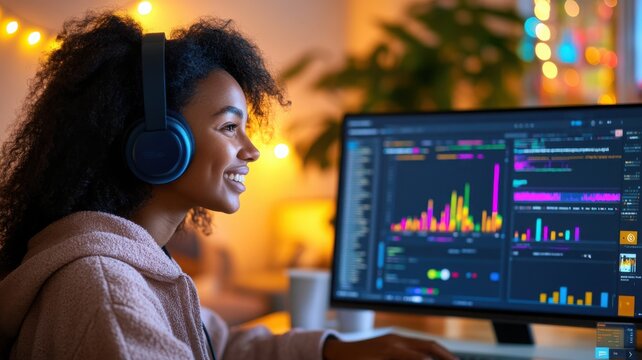Female learner in casual hoodie and headphones attending a live data science webinar. Data scientist