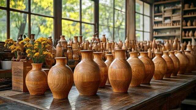 Wooden vases arranged on a dark table in a workshop, with a window view
