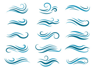 abstract wave designs, flowing, curved blue lines on a white background, creating a sense of motion and fluidity, representing water or air currents.
