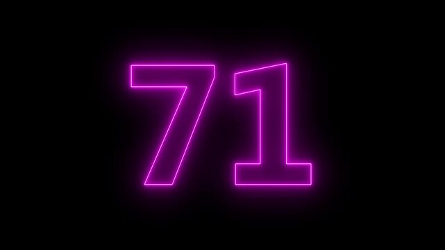 A glowing neon number "71" on a black background. 4k video