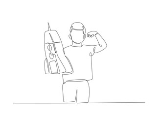 Boy holding rocket spaceship in single outline illustration. Continuous line art drawing of kid playing rocket.