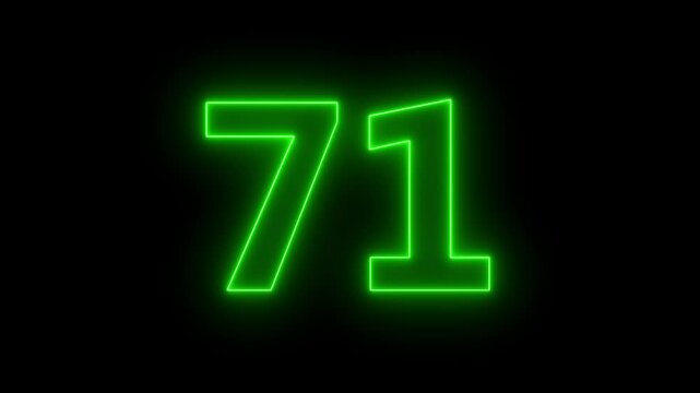 A glowing neon number "71" on a black background. 4k video