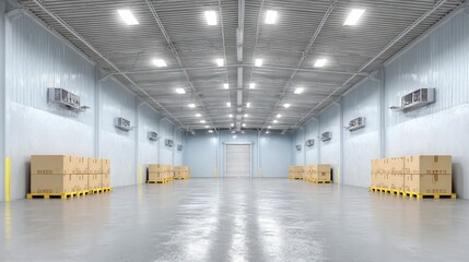 Minimalist warehouse interior with bright LED lighting and clean aisle layout