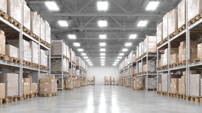 Minimalist warehouse interior with bright LED lighting and clean aisle layout