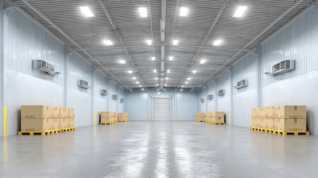 Minimalist warehouse interior with bright LED lighting and clean aisle layout